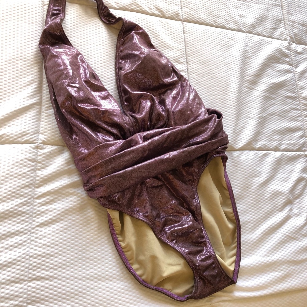 High waisted shaping metallic halter swimsuit